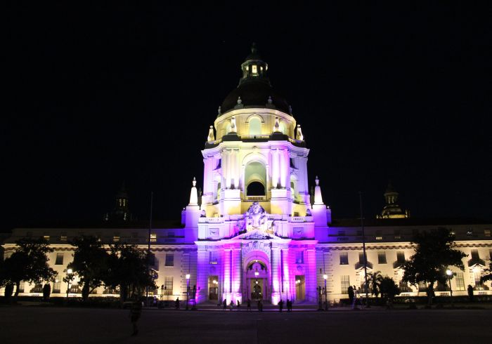 100 Years Womens Suffrage lighting at Pasadena City Hall